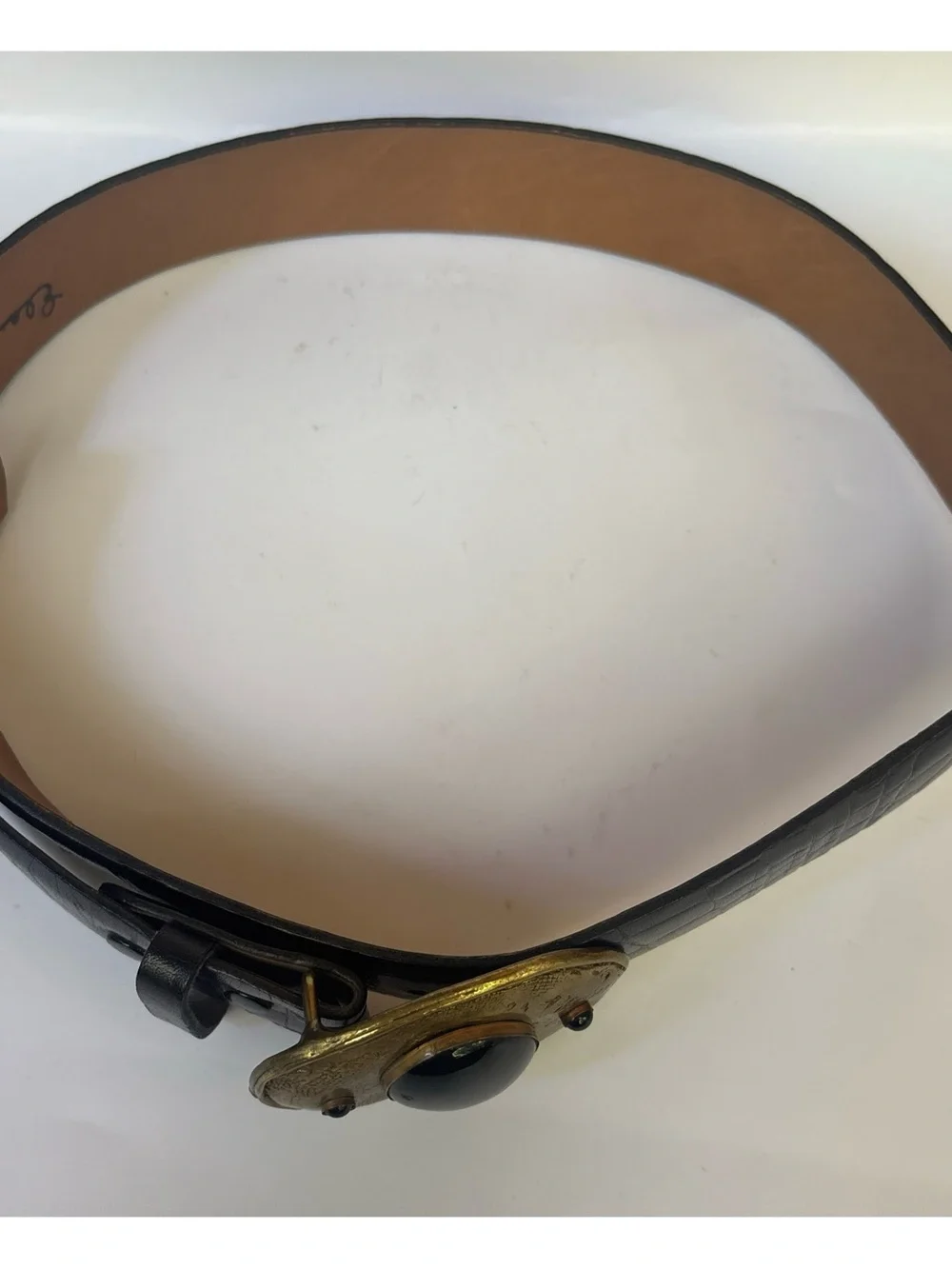 Vintage 1980’s Elaine Coyne Modernist Brass Onyx Black Leather Belt Size M